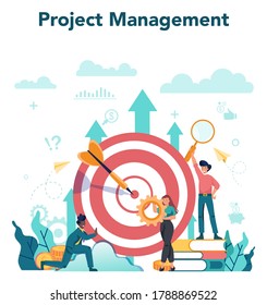 Business analyst concept. Business strategy and project management. Optimization and progress. People working with graph and diagram. Isolated flat vector illustration