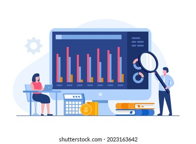 business analyst with dashboard, performance audit, accounting concept, flat illustration vector