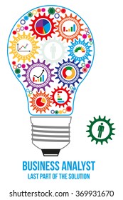 Business analyst design concept. Light bulb composed of interconnected gears with different kinds of business charts. Last gear is missed - that will connect all of them - last part of solution.