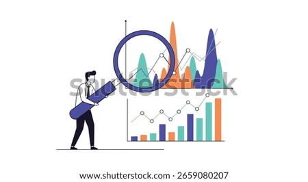 Business analyst examining complex financial data charts and graphs with a magnifying glass for insights and trends