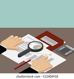 Business analyst, financial data analysis. Businessman with magnifying glass is looking financial reports.
