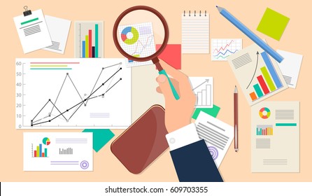 Analista de negocios, análisis de datos financieros sobre el origen beige. La ilustración vectorial del hombre de negocios con lupa está mirando informes financieros. Muchas hojas de papel con gráficos y diagramas en el escritorio
