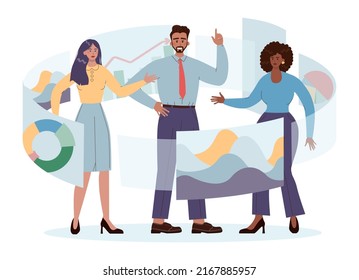 Business analyst. Financial operation optimization, strategy development, new business launching. Market research and data processing. Flat vector illustration