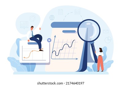 Business analyst. Financial operation optimization, strategy development, new business launching. Market research and data processing. Flat vector illustration