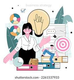 Business analyst. Financial operation optimization, marketing strategy development, new business launching. Big data research, analysis and analytics. Flat vector illustration