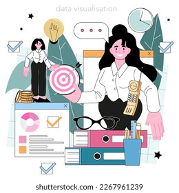 Analista de negocios. Optimización de operaciones financieras, desarrollo de estrategias de marketing, lanzamiento de nuevos negocios. Investigación, análisis y análisis de grandes datos. Ilustración vectorial plana