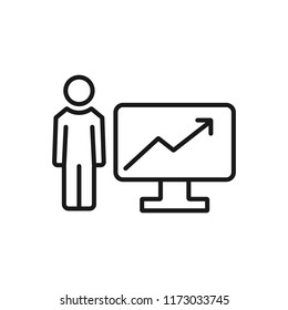 Business Analyst Icon - Man User with Computer Monitor with Business Growth Statistics by Bar Graph Data Chart in Glyph Pictogram Symbol illustration