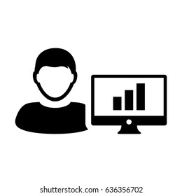 Business Analyst Icon - Man User with Computer Monitor with Business Growth Statistics by Bar Graph Data Chart in Glyph Pictogram Symbol illustration