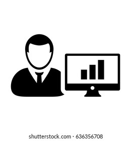 Business Analyst Icon - Man User with Computer Monitor with Business Growth Statistics by Bar Graph Data Chart in Glyph Pictogram Symbol illustration