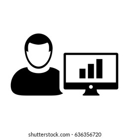 Business Analyst Icon - Man User with Computer Monitor with Business Growth Statistics by Bar Graph Data Chart in Glyph Pictogram Symbol illustration