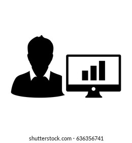 Business Analyst Icon - Man User with Computer Monitor with Business Growth Statistics by Bar Graph Data Chart in Glyph Pictogram Symbol illustration