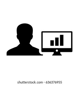 Business Analyst Icon - Man User with Computer Monitor with Business Growth Statistics by Bar Graph Data Chart in Glyph Pictogram Symbol illustration