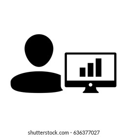 Business Analyst Icon - Man User with Computer Monitor with Business Growth Statistics by Bar Graph Data Chart in Glyph Pictogram Symbol illustration