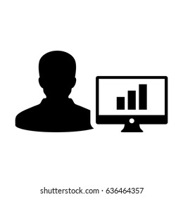 Business Analyst Icon - Man User with Computer Monitor with Business Growth Statistics by Bar Graph Data Chart in Glyph Pictogram Symbol illustration
