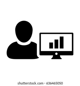 Business Analyst Icon - Man User with Computer Monitor with Business Growth Statistics by Bar Graph Data Chart in Glyph Pictogram Symbol illustration