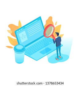 Business analyst isometric vector character. SEO, SMM. Business metrics, analytics. Commerce conversion. Man analyzing infographics cartoon 3D illustration. Graph, chart on laptop screen