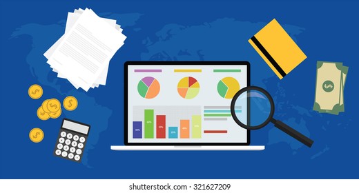 business analyst with laptop notebook graph calculator zoom money document flat illustration