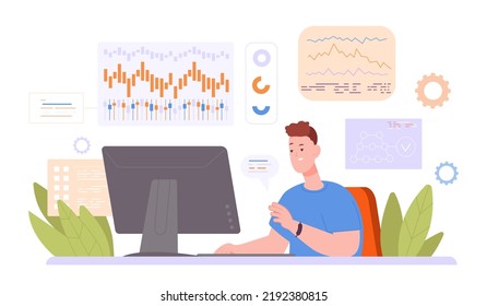 Business analyst at laptop. Professional finance advisor or marketer work spreadsheet on office computer, data statistic tax graph risk report vector illustration of financial business analyst