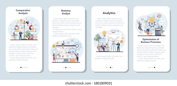 Analista de negocios conjunto de banners de aplicaciones móviles. Estrategia empresarial y gestión de proyectos. Optimización y progreso. Gente trabajando con gráficos y diagramas. Ilustración vectorial plana aislada