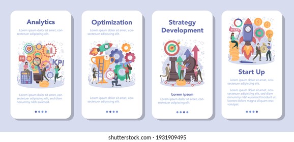 Business analyst mobile application banner set. Financial operation optimization, strategy development, new business launching. Business research. Isolated flat vector illustration