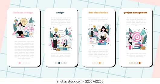 Analista de negocios conjunto de banners de aplicaciones móviles. Optimización de operaciones financieras, desarrollo de estrategias de marketing, lanzamiento de nuevos negocios. Investigación y análisis de grandes datos. Ilustración vectorial plana