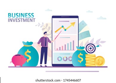 Business analyst offers successful strategy and investment. Concept of data analysis, finance management. Smartphone screen with stock market charts and diagrams. Flat landing page.Vector illustration