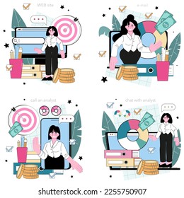Business analyst online service or platform set. Financial operation optimization, marketing strategy development, new business launching. Online call, chat, e-mail, website. Flat vector illustration