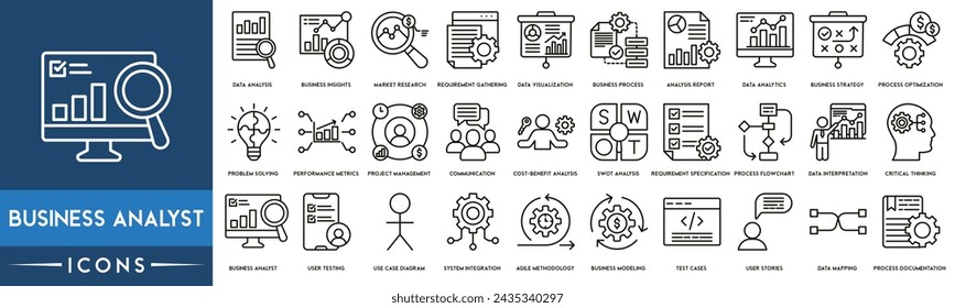 Business Analyst Outline Icon Collection. Data Analysis, Business Insights, Market Research, Data Visualization, Business Process, Analysis Report, Data Analytics and Business Strategy