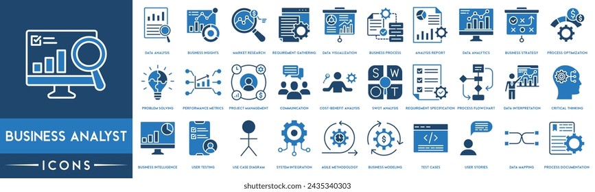 Business Analyst Outline Icon Collection. Data Analysis, Business Insights, Market Research, Data Visualization, Business Process, Analysis Report, Data Analytics and Business Strategy