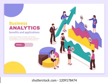 Business analyst poster with benefits and applications symbols isometric isolated vector illustration