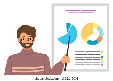 Business analyst. Professional business man analyzing business growth on data presentation. Marketing research concept. Male character explains the diagrams pointing with pointer on the poster