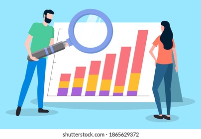Business analyst. Professional business people analyzing business growth on data presentation. Marketing research concept. Female character explains the diagrams to man with magnifying glass in hand