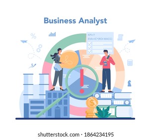 Business analyst. Project optimization consultant. Business strategy development, market research and management. Isolated flat vector illustration