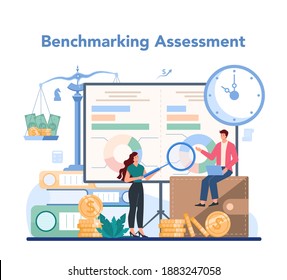 Business analyst. Project optimization consultant. Business strategy development, market research and management. Isolated flat vector illustration