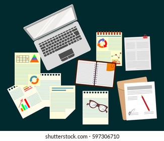 Business analyst. Research business strategy. Office. Realistic workplace organization. Laptop, documents, sunglasses, pens, notepads, charts, and graphs. Vector illustration.
