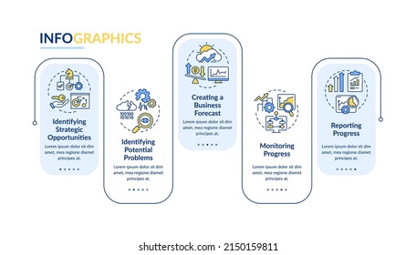 Business analyst responsibilities rectangle infographic template. Data visualization with 5 steps. Process timeline info chart. Workflow layout with line icons. Lato-Bold, Regular fonts used