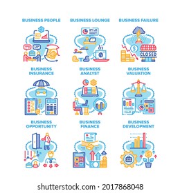 Ilustraciones de vectores de iconos de conjunto de analistas de negocios. Analista De Negocios Personas Y Zona De Salón, Fracaso Y Seguros, Valoración Y Finanzas, Oportunidad Y Desarrollo Ilustraciones De Color
