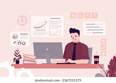 Business analyst studying charts and graphs, male employee at workplace. Financial analyst, economist working in modern office. Smart businessman and different diagrams, charts. vector illustration
