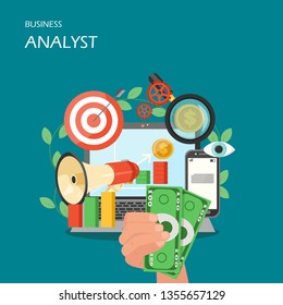 Business analyst vector flat illustration. Laptop, megaphone, target, eye, mobile, magnifier, bar graph and hand with money. Business analysis, audit services concepts for web banner, website page.
