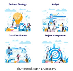 Business analyst web banner or landing page set. Business strategy and project management. Optimization and progress. People working with graph and diagram. Isolated flat vector illustration