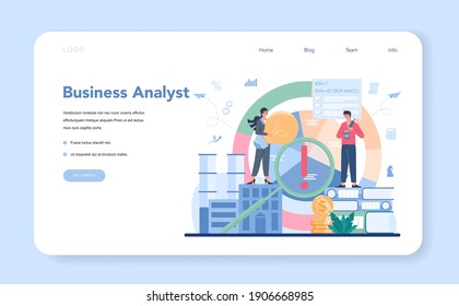 Business analyst web banner or landing page. Project optimization consultant. Business strategy development, market research and management. Isolated flat vector illustration
