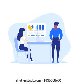 business analyst, woman working with financial data, vector art