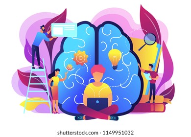 Business analyst working on laptop with business intelligence. Business data analysis, data management, database technologies and analysis tools concept, violet palette. Vector isolated illustration.