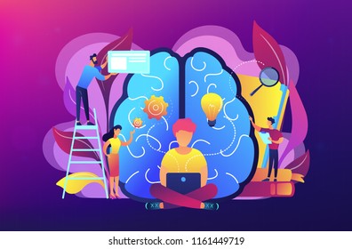 Business analyst working on laptop with business intelligence. Business data analysis, data management, database technologies and analysis tools concept, violet palette. Vector isolated illustration.