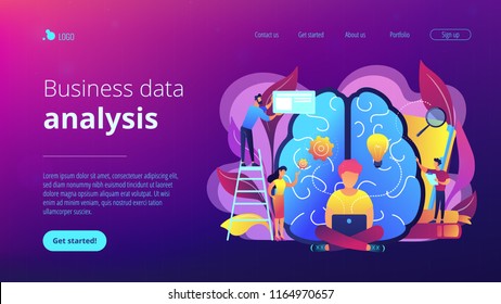 Business analyst working on laptop with business intelligence. Business data analysis, data management, database technologies and analysis tools concept, violet palette. Vector landing page.