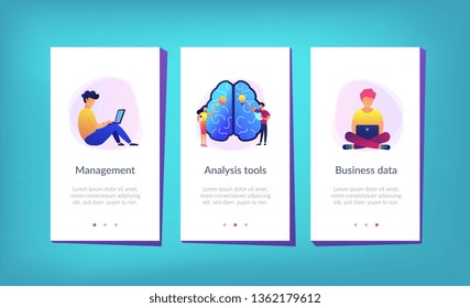 Business analyst working on laptop with business intelligence. Business data analysis, data management, database technologies and analysis tools concept, violet palette. App interface template.