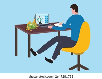 Business analyst writes in notebook, works on laptop, analyzes financial data, charts, diagrams. Financial planning, investment, budget, banking. Economic growth, company success concept.