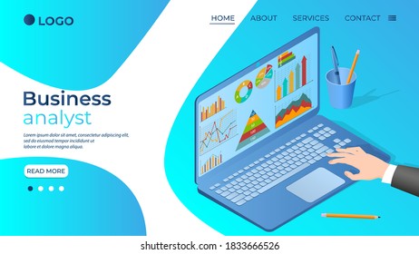 Business analyst.A businessman studies data on his laptop.The concept of remote work, office work, and freelancing.Infographics of business and Finance.Flat vector illustration.