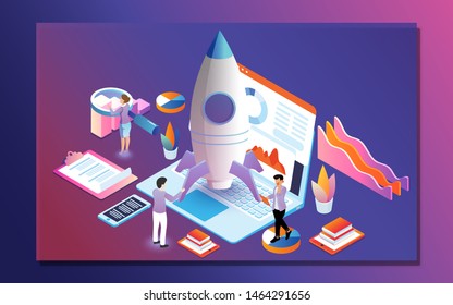 Business analysts analysis the data of company growth or successful project launching a rocket for Data management or Start Up concept based isometric design.