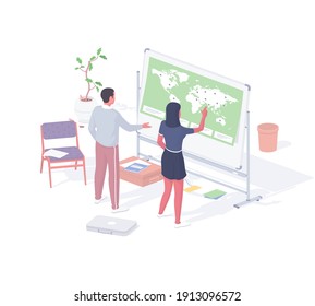 Business analysts conducting global research isometric illustration. Male and female characters in office examining world map for financial crisis. Common market optimization realistic vector.